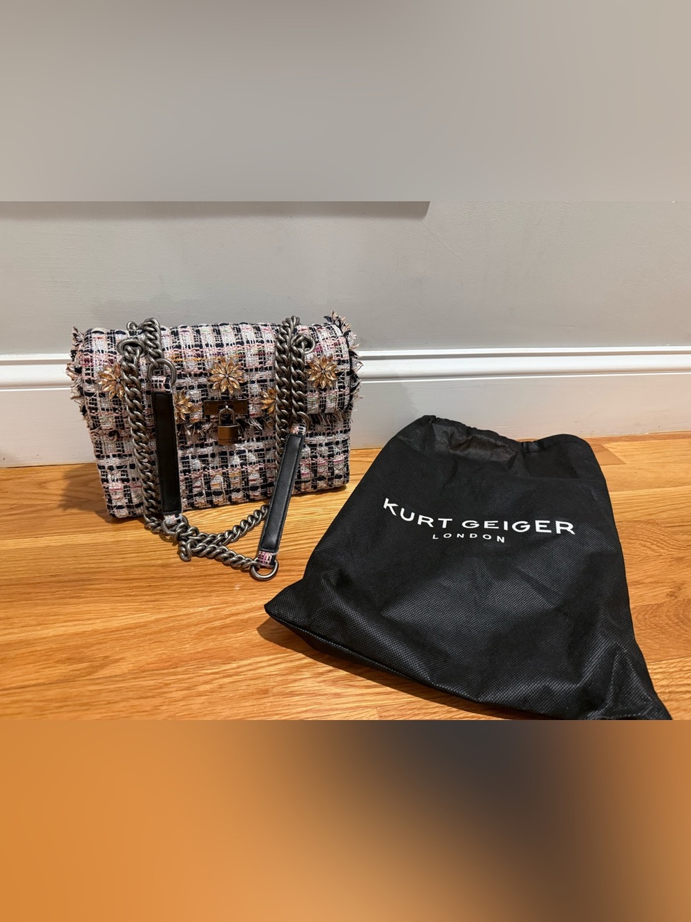 Kurt Geiger Pink Tweed Shoulder Bag with Floral Hardware
